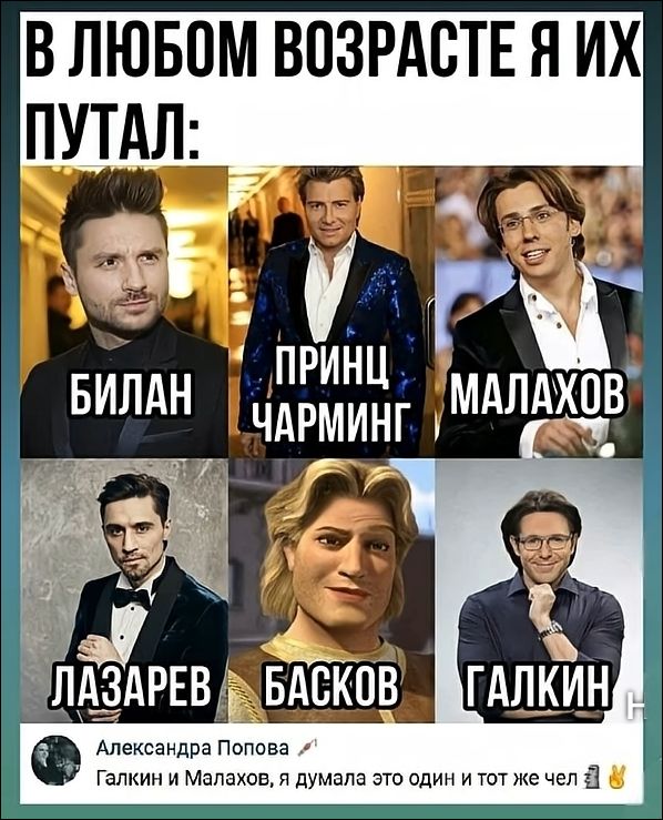 В ЛЮБОМ ВОЗРАСТЕ Я ИХ ПУТАЛ: БИЛАН ПРИНЦ ЧАРМИНГ МАЛАХОВ ЛАЗАРЕВ БАСКОВ ГАЛКИН Александра Попова Галкин и Малахов, я думала это один и тот же чел