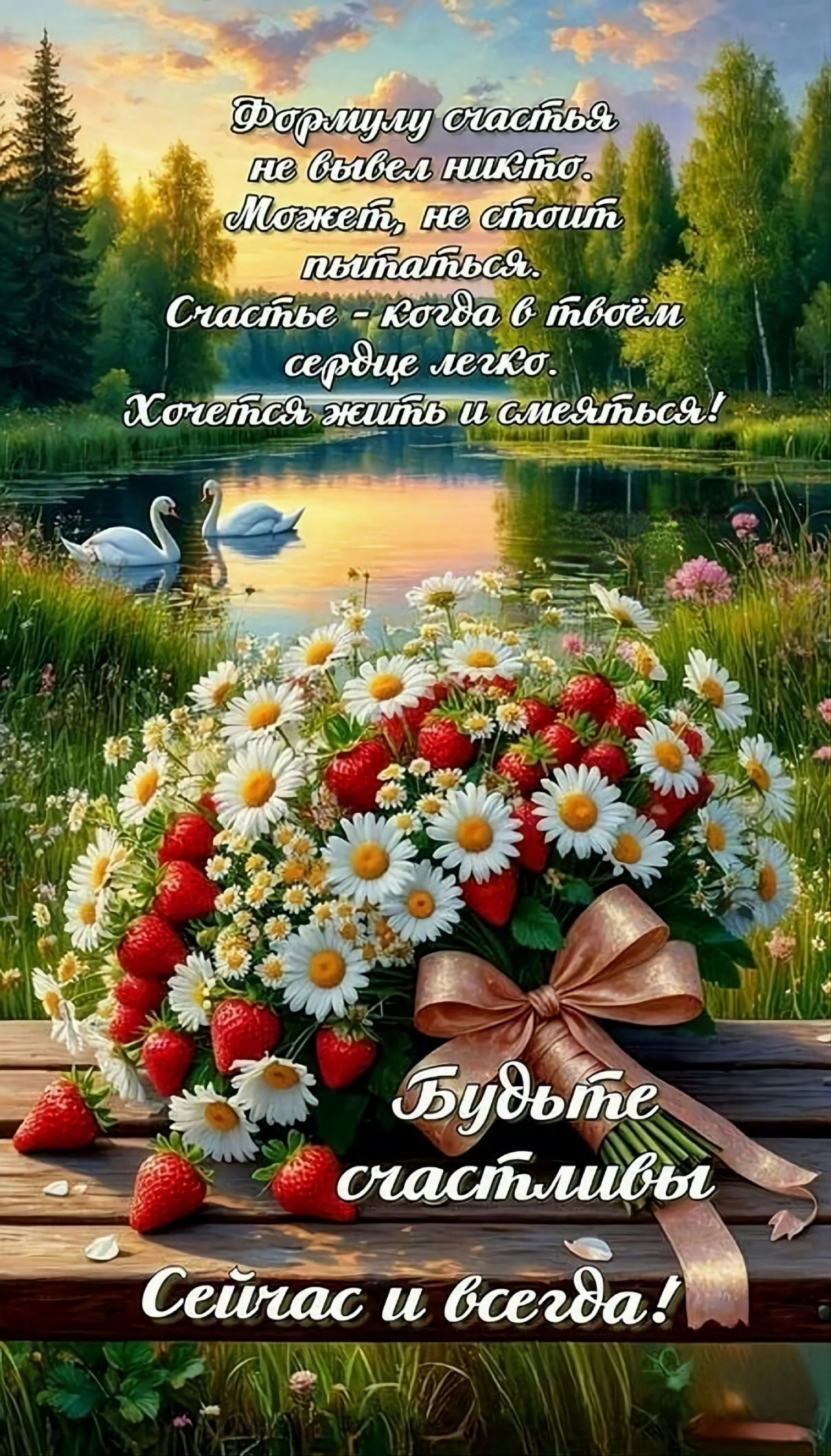 Формулу счастья не вывел никто. Может, не стоит пытаться. Счастье - когда в твоём сердце легко. Хочется жить и смеяться! Будьте счастливы сейчас и всегда!
