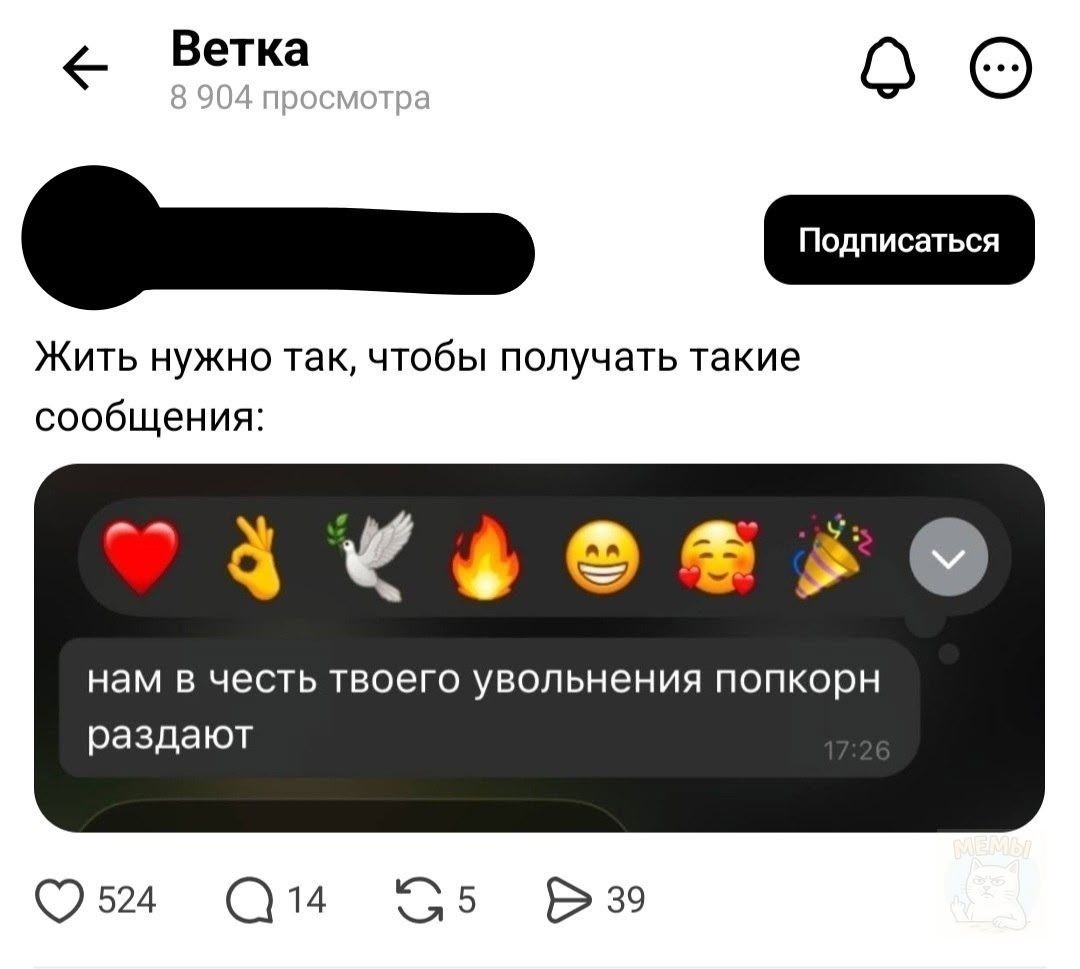 Ветка 8 904 просмотра Подписаться Жить нужно так, чтобы получать такие сообщения: нам в честь твоего увольнения попкорн раздают