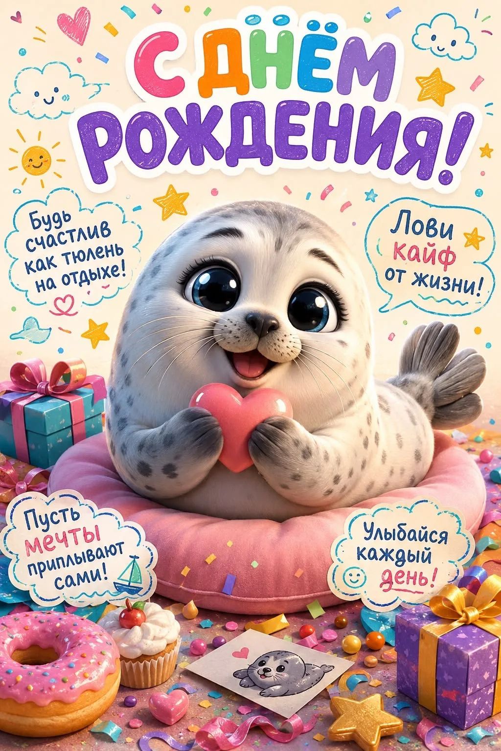 С днём рождения! Будь счастлив как тюлень на отдыхе! Лови кайф от жизни! Пусть мечты приплывают сами! Улыбайся каждый день!