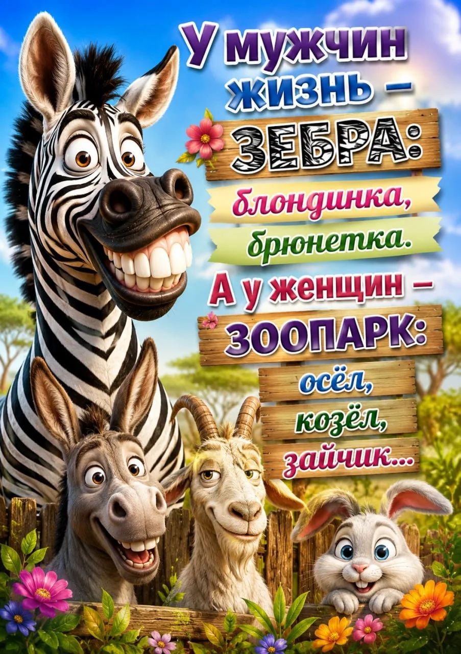У мужчин жизнь - ЗЕБРА: блондинка, брюнетка. А у женщин - ЗООПАРК: осёл, козёл, зайчик...
