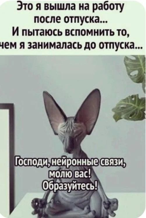 Это я вышла на работу после отпуска... И пытаюсь вспомнить то, чем я занималась до отпуска... Господи, нейронные связи, молю вас! Образуйтесь!