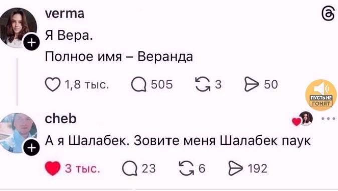 verma Я Вера. Полное имя – Веранда cheb А я Шалабек. Зовите меня Шалабек паук ПУСТЬ НЕ ГОНЯТ