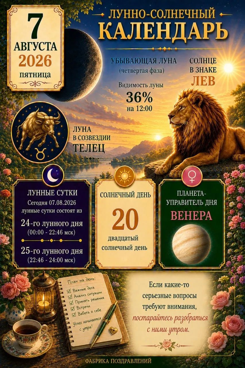 ЛУННО-СОЛНЕЧНЫЙ КАЛЕНДАРЬ 7 АВГУСТА 2026 пятница УБЫВАЮЩАЯ ЛУНА (четвертая фаза) Видимость луны 36% на 12:00 СОЛНЦЕ В ЗНАКЕ ЛЕВ ЛУНА В СОЗВЕЗДИИ ТЕЛЕЦ ЛУННЫЕ СУТКИ Сегодня 07.08.2026 лунные сутки состоят из 24-го лунного дня (00:00 - 22:46 мск) 25-го лунного дня (22:46 - 24:00 мск) СОЛНЕЧНЫЙ ДЕНЬ 20 двадцатый солнечный день ПЛАНЕТА-УПРАВИТЕЛЬ ДНЯ