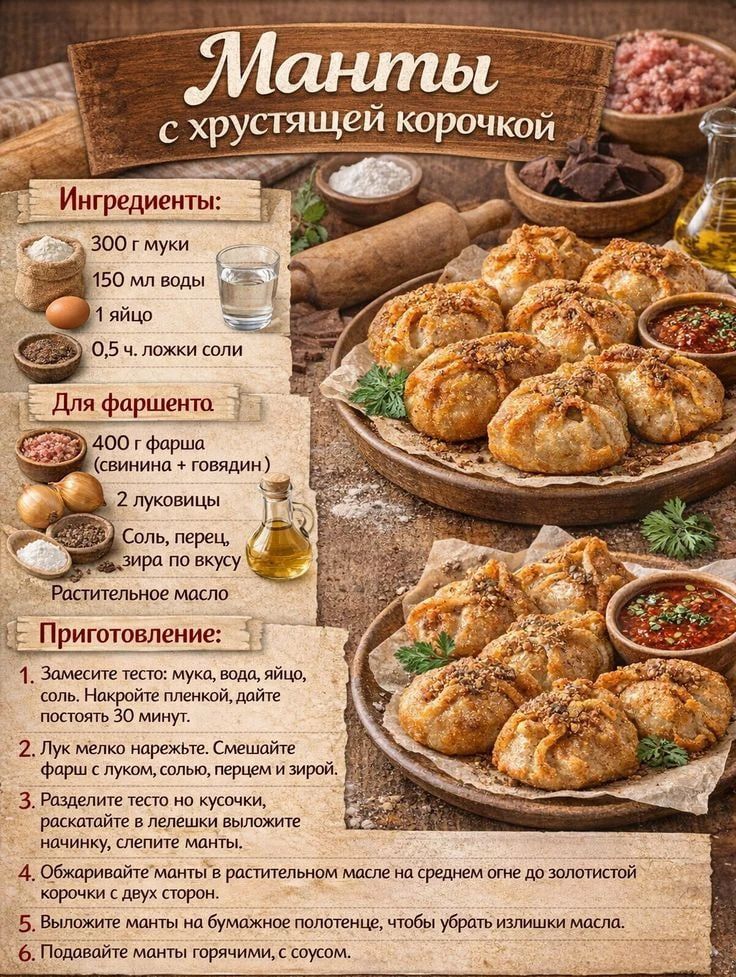Манты с хрустящей корочкой Ингредиенты: 300 г муки 150 мл воды 1 яйцо 0,5 ч. ложки соли Для фарша: 400 г фарша (свинина + говядина) 2 луковицы Соль, перец, зира по вкусу Растительное масло Приготовление: 1. Замесите тесто: мука, вода, яйцо, соль. Накройте пленкой, дайте постоять 30 минут. 2. Лук мелко нарежьте. Смешайте фарш с луком, солью, перцем