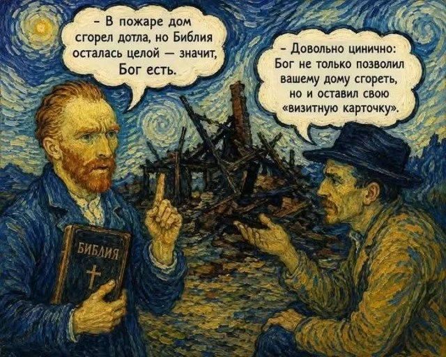 - В пожаре дом сгорел дотла, но Библия осталась целой — значит, Бог есть. - Довольно цинично: Бог не только позволил вашему дому сгореть, но и оставил свою «визитную карточку».