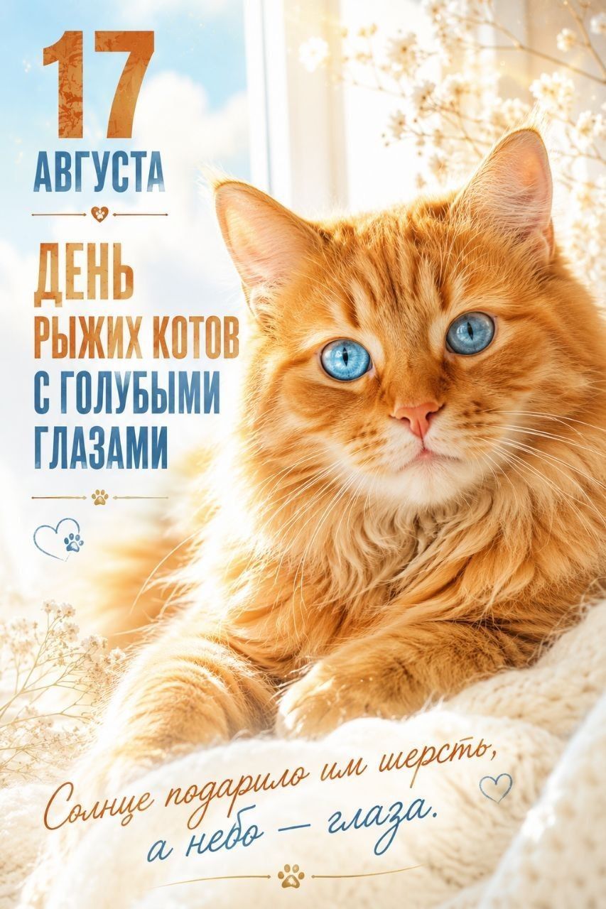 17 августа. День рыжих котов с голубыми глазами. Солнце подарило им шерсть, а небо — глаза.