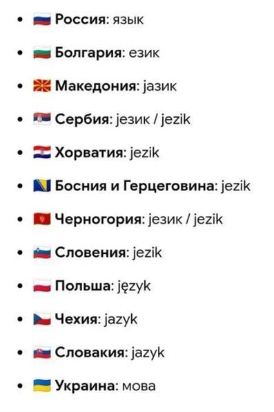 Россия: язык, Болгария: език, Македония: јазик, Сербия: језик / jezik, Хорватия: jezik, Босния и Герцеговина: jezik, Черногория: језик / jezik, Словения: jezik, Польша: język, Чехия: jazyk, Словакия: jazyk, Украина: мова