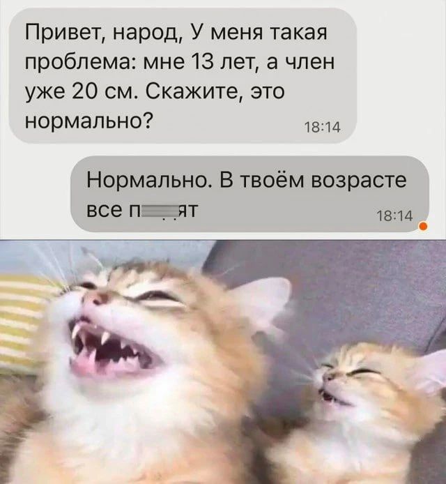 Привет, народ, У меня такая проблема: мне 13 лет, а член уже 20 см. Скажите, это нормально? Нормально. В твоём возрасте все п...ят