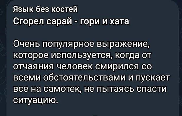 Язык без костей Сгорел сарай - гори и хата Очень популярное выражение, которое используется, когда от отчаяния человек смирился со всеми обстоятельствами и пускает все на самотек, не пытаясь спасти ситуацию.