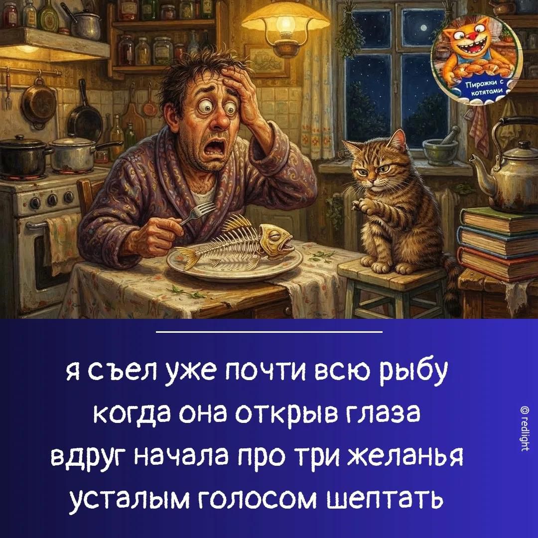 Пирожки с котятами. Я съел уже почти всю рыбу когда она открыв глаза вдруг начала про три желанья усталым голосом шептать