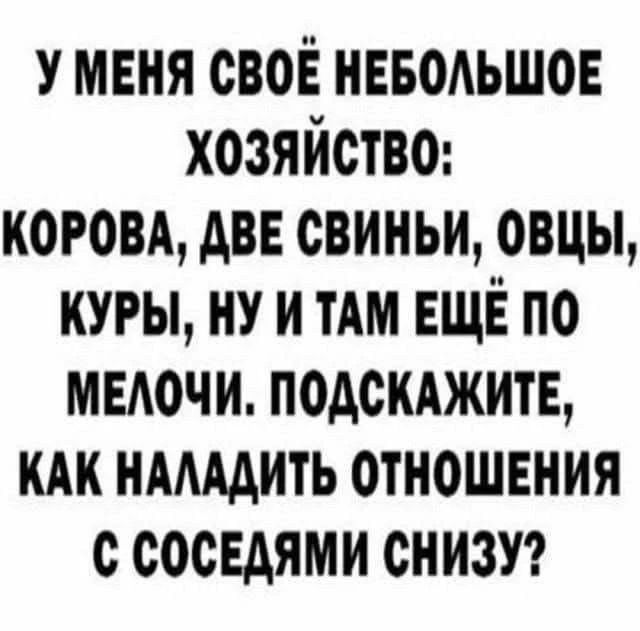 У меня своё небольшое хозяйство: корова, две свиньи, овцы, куры, ну и там ещё по мелочи. Подскажите, как наладить отношения с соседями снизу?