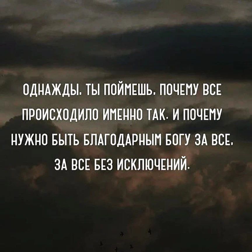 ОДНАЖДЫ. ТЫ ПОЙМЕШЬ. ПОЧЕМУ ВСЕ ПРОИСХОДИЛО ИМЕННО ТАК. И ПОЧЕМУ НУЖНО БЫТЬ БЛАГОДАРНЫМ БОГУ ЗА ВСЕ. ЗА ВСЕ БЕЗ ИСКЛЮЧЕНИЙ.