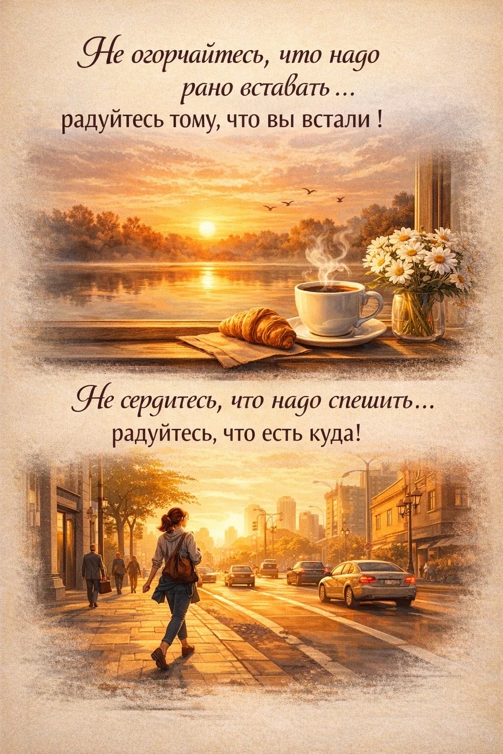 Не огорчайтесь, что надо рано вставать... радуйтесь тому, что вы встали! Не сердитесь, что надо спешить... радуйтесь, что есть куда!