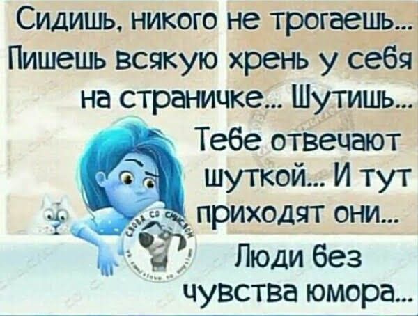 Сидишь, никого не трогаешь... Пишешь всякую хрень у себя на страничке... Шутишь... Тебе отвечают шуткой... И тут приходят они... Люди без чувства юмора...
