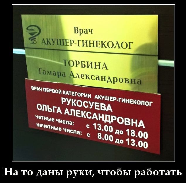 Врач АКУШЕР-ГИНЕКОЛОГ ТОРБИНА Тамара Александровна ВРАЧ ПЕРВОЙ КАТЕГОРИИ АКУШЕР-ГИНЕКОЛОГ РУКОСУЕВА ОЛЬГА АЛЕКСАНДРОВНА четные числа: с 13.00 до 18.00 нечетные числа: с 8.00 до 13.00 На то даны руки, чтобы работать