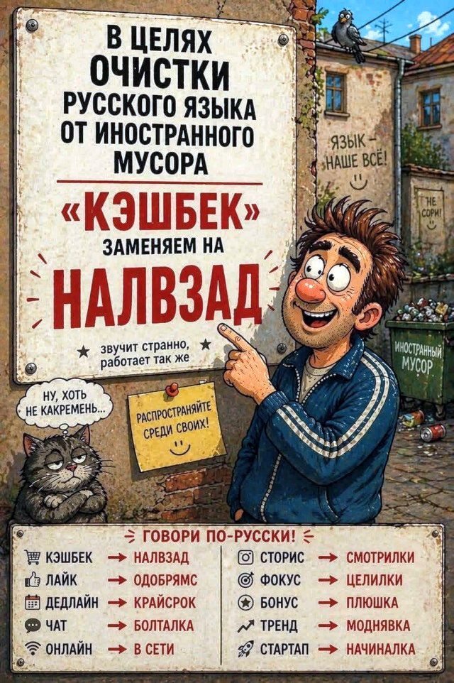 В целях очистки русского языка от иностранного мусора «Кэшбек» заменяем на «Налвзад». Звучит странно, работает так же. Ну, хоть не какремень... Распространяйте среди своих! Язык — наше всё! Не сори! Иностранный мусор. Говори по-русски! Кэшбек -> Налвзад, Лайк -> Одобрямс, Дедлайн -> Крайсрок, Чат -> Болталка, Онлайн -> В сети, СТОРИС -> Смотрилки,