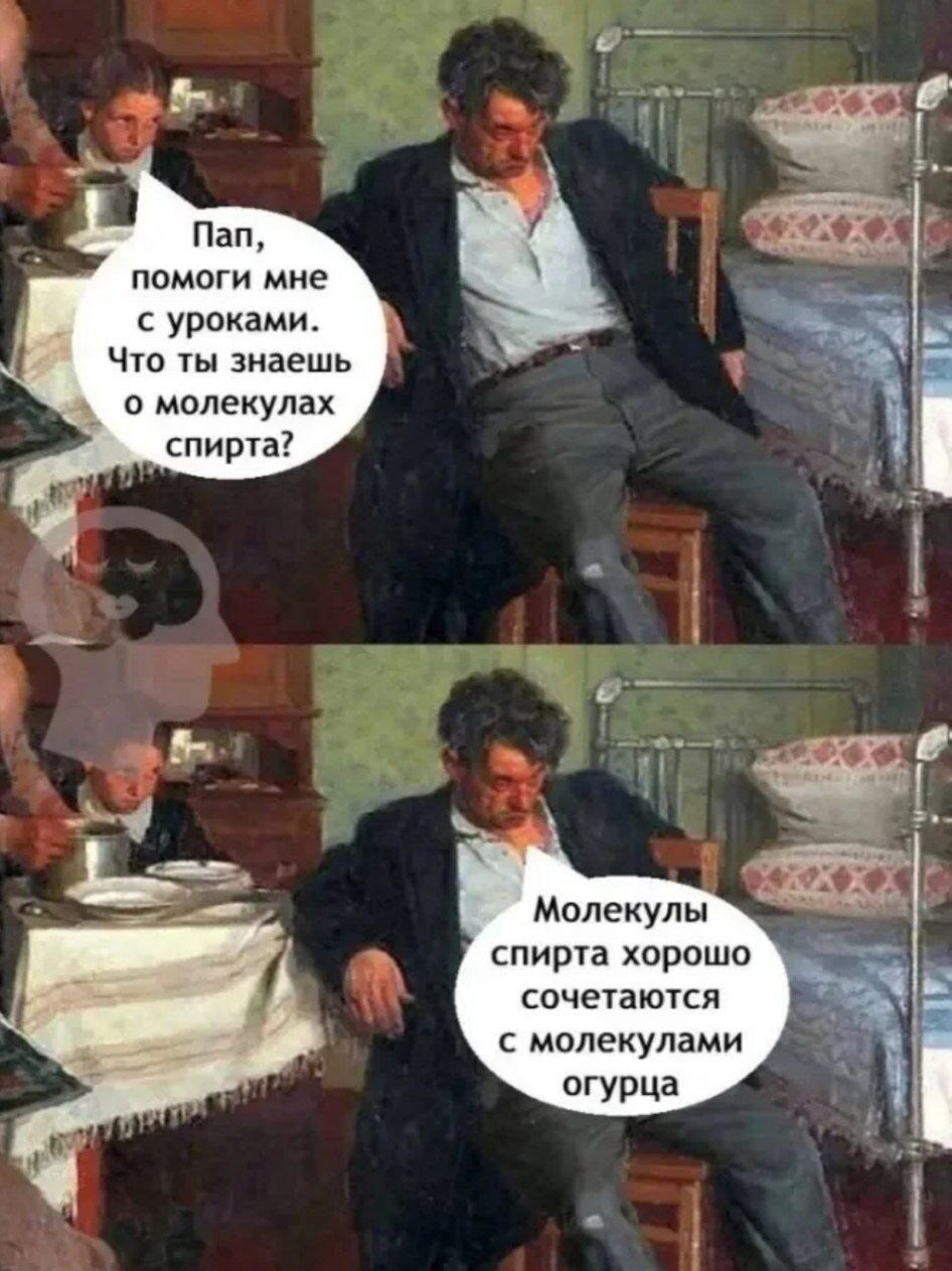 Пап, помоги мне с уроками. Что ты знаешь о молекулах спирта? Молекулы спирта хорошо сочетаются с молекулами огурца