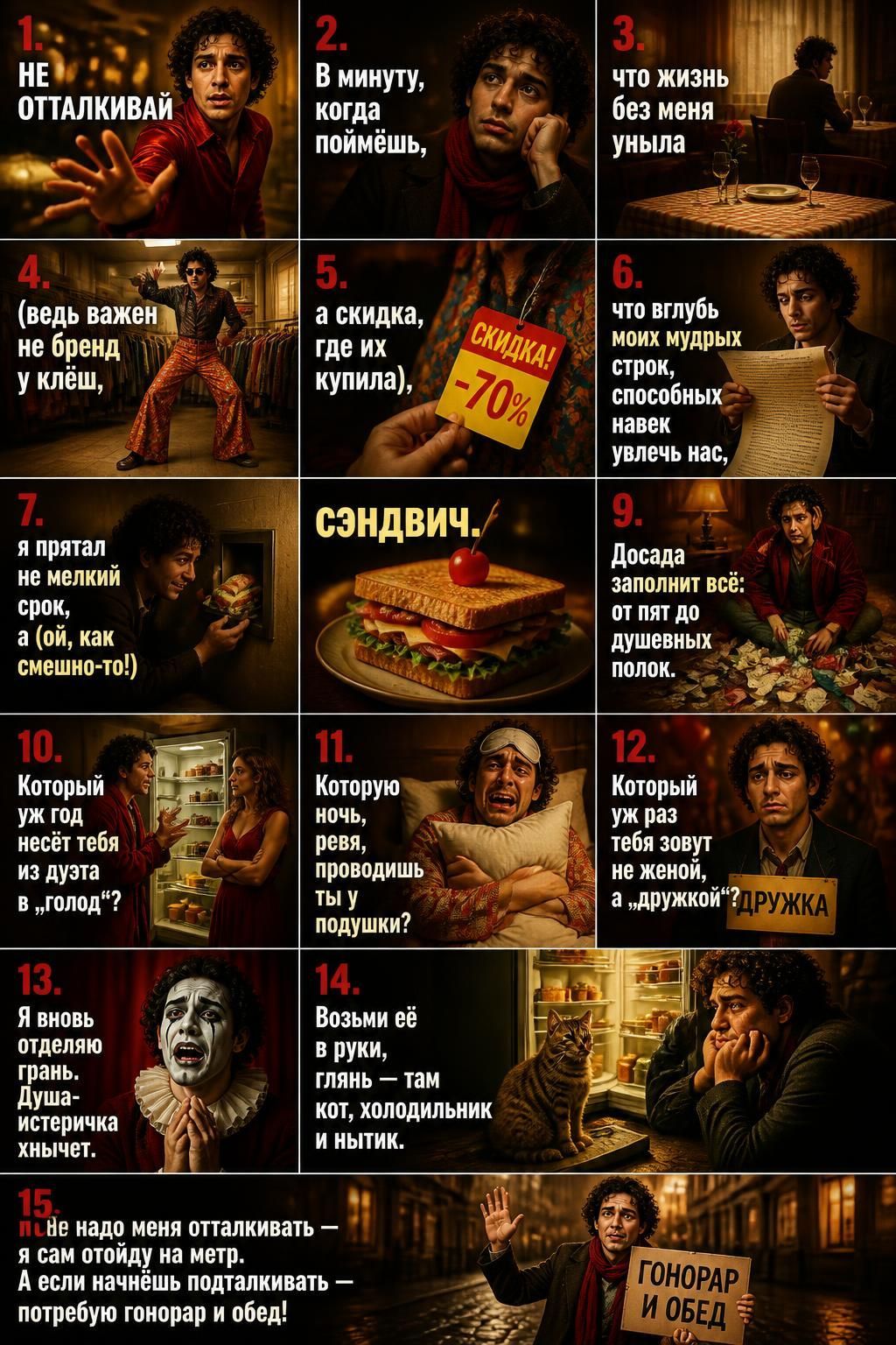1. Не отталкивай. 2. В минуту, когда поймешь, 3. что жизнь без меня уныла, 4. (ведь важен не бренд у клёш, 5. а скидка, где их купила), 6. что вглубь моих мудрых строк, способных навек увлечь нас, 7. я прятал не мелкий срок, а (ой, как смешно-то!) сэндвич. 9. Досада заполнит всё: от пят до душевных полок. 10. Который уж год несёт тебя из дуэта в