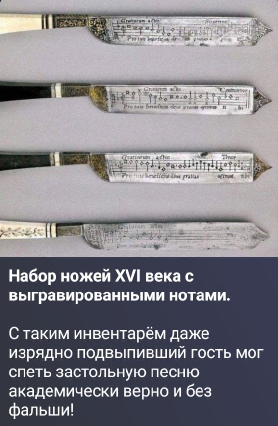 Набор ножей XVI века с выгравированными нотами. С таким инвентарём даже изрядно подвыпивший гость мог спеть застольную песню академически верно и без фальши!
