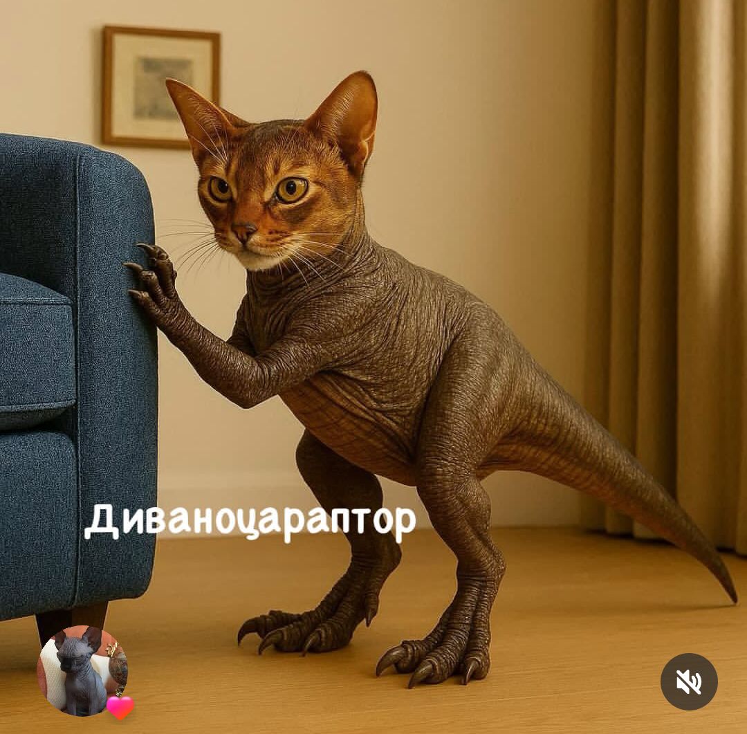 Диваноцараптор. Кот с телом сфинкса и головой абиссинца стоит на задних лапах, царапая диван, как динозавр.