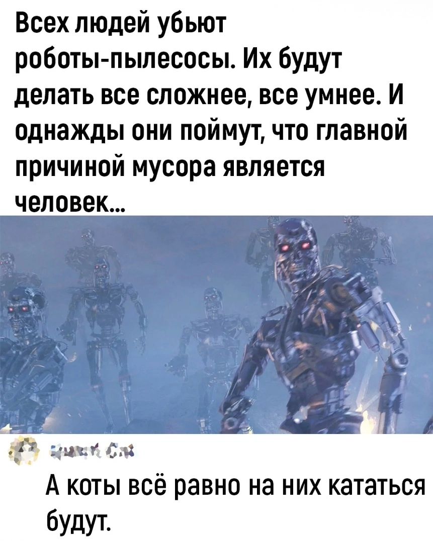 Всех людей убьют роботы-пылесосы. Их будут делать все сложнее, все умнее. И однажды они поймут, что главной причиной мусора является человек... А коты всё равно на них кататься будут.