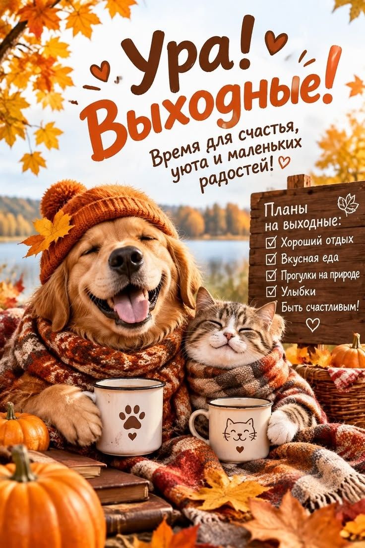 Ура! Выходные! Время для счастья, уюта и маленьких радостей! Планы на выходные: Хороший отдых, Вкусная еда, Прогулки на природе, Улыбки, Быть счастливым!