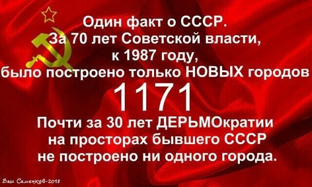 Один факт о СССР. За 70 лет Советской власти, к 1987 году, было построено только НОВЫХ городов 1171. Почти за 30 лет ДЕРЬМОкратии на просторах бывшего СССР не построено ни одного города. Ваш Семенков-2018