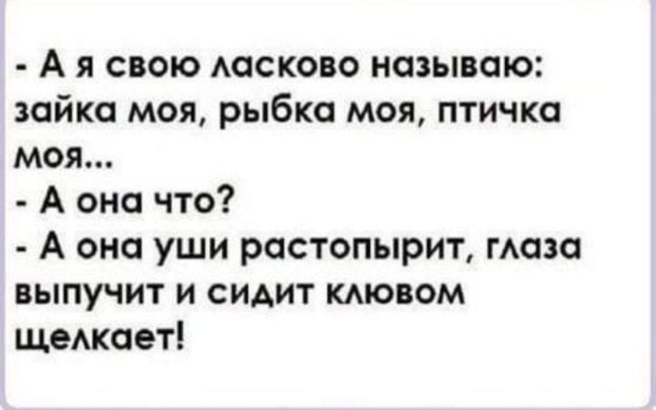 - А я свою ласково называю: зайка моя, рыбка моя, птичка моя...
- А она что?
- А она уши растопырит, глаза выпучит и сидит клювом щелкает!