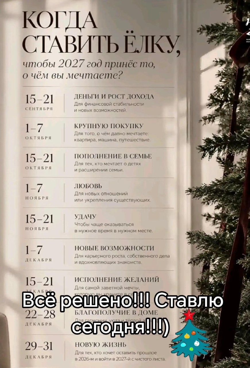 КОГДА СТАВИТЬ ЁЛКУ, чтобы 2027 год принёс то, о чём вы мечтаете? 15-21 СЕНТЯБРЯ ДЕНЬГИ И РОСТ ДОХОДА Для финансовой стабильности и новых возможностей. 1-7 ОКТЯБРЯ КРУПНУЮ ПОКУПКУ Для того, о чём давно мечтаете: квартира, машина, путешествие. 15-21 ОКТЯБРЯ ПОПОЛНЕНИЕ В СЕМЬЕ Для тех, кто мечтает о детях и расширении семьи. 1-7 НОЯБРЯ ЛЮБОВЬ Для