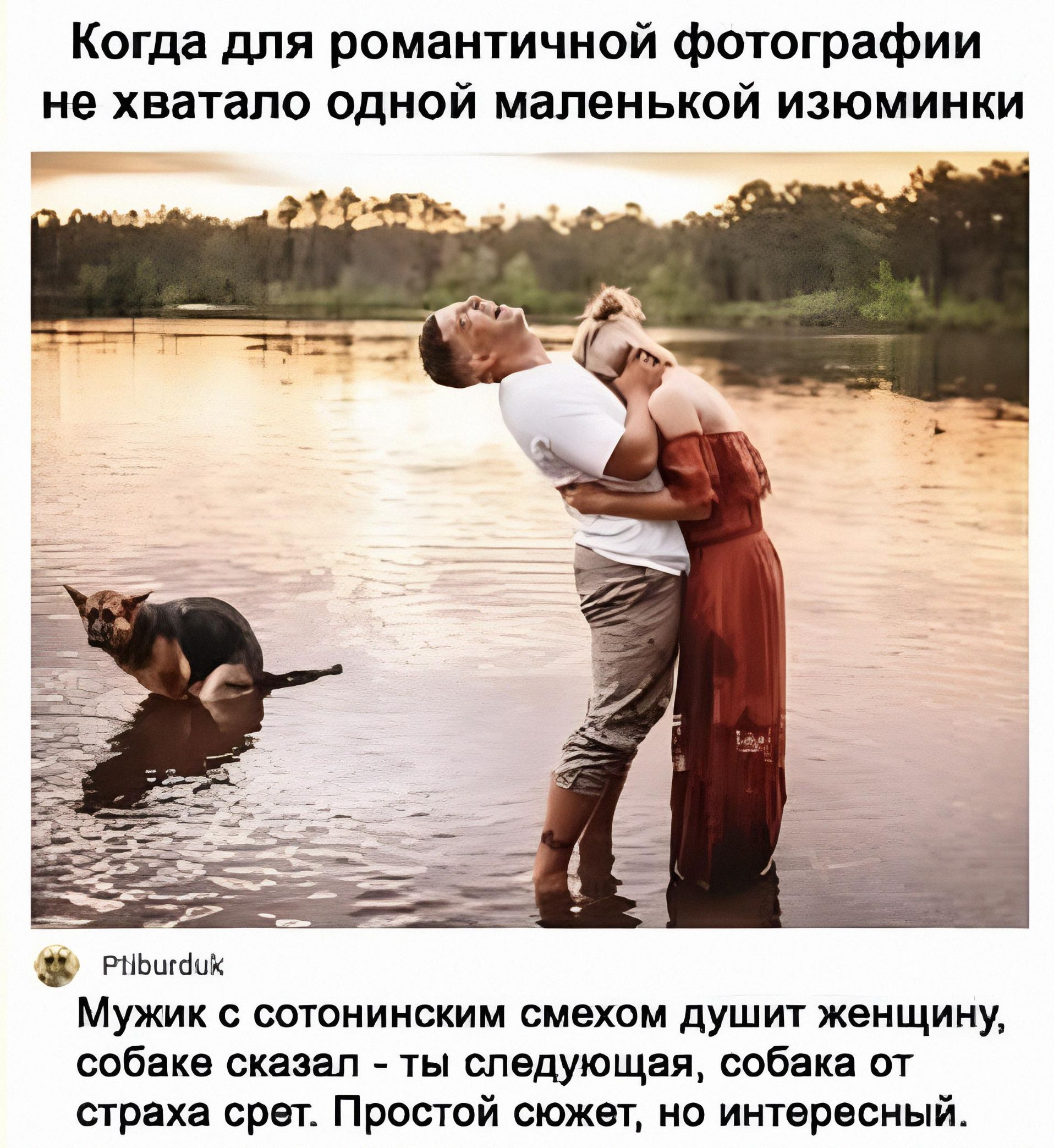 Когда для романтичной фотографии не хватало одной маленькой изюминки Ptlburduk Мужик с сотонинским смехом душит женщину, собаке сказал - ты следующая, собака от страха срет. Простой сюжет, но интересный.
