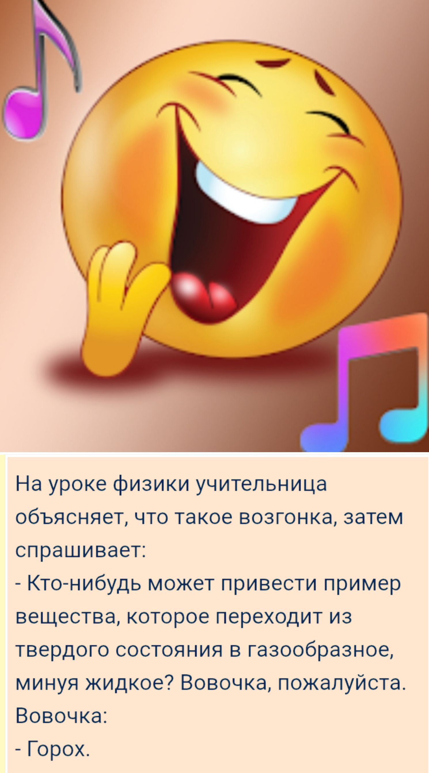 На уроке физики учительница объясняет, что такое возгонка, затем спрашивает:
- Кто-нибудь может привести пример вещества, которое переходит из твердого состояния в газообразное, минуя жидкое? Вовочка, пожалуйста.
Вовочка:
- Горох.