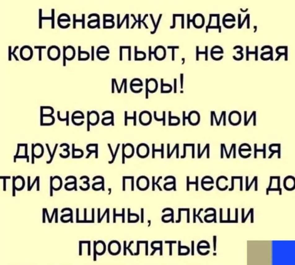 Ненавижу людей, которые пьют, не зная меры! Вчера ночью мои друзья уронили меня три раза, пока несли до машины, алкаши проклятые!