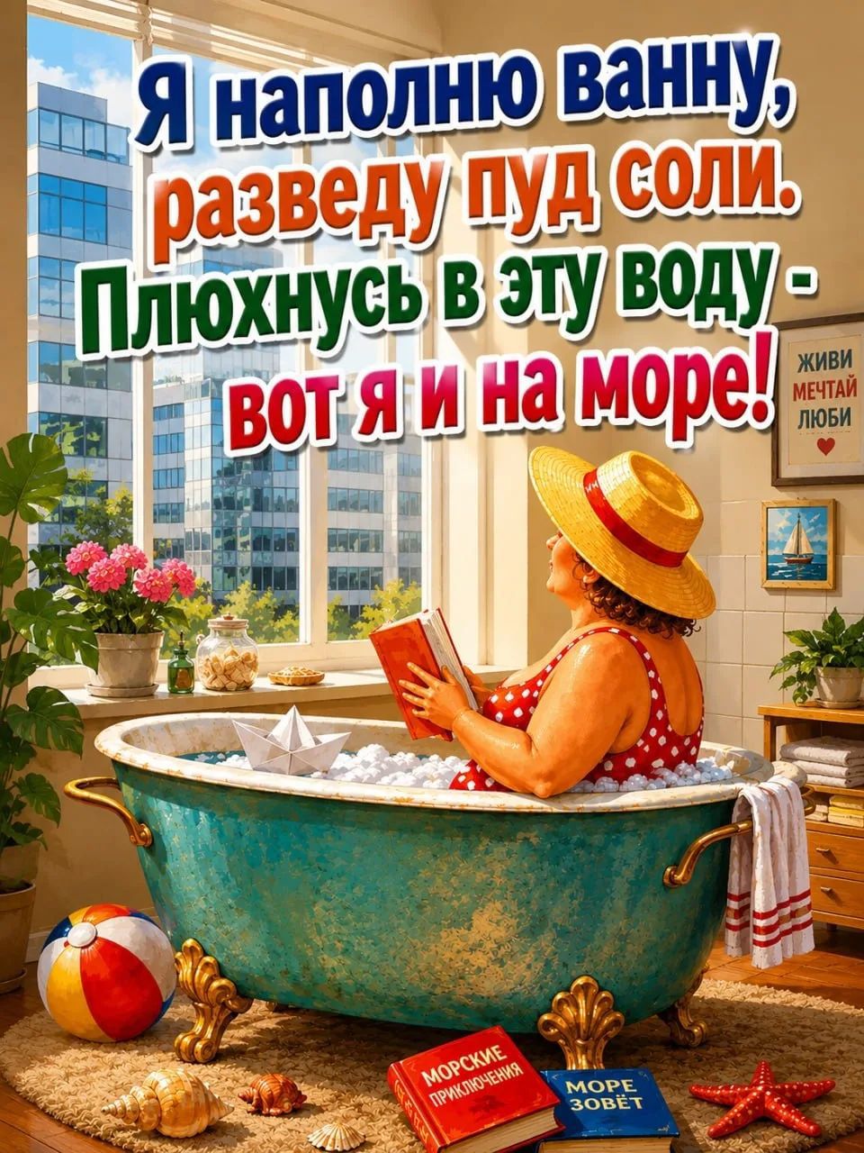 Я наполню ванну, разведу пуд соли. Плюхнусь в эту воду - вот я и на море! ЖИВИ МЕЧТАЙ ЛЮБИ МОРСКИЕ ПРИКЛЮЧЕНИЯ МОРЕ ЗОВЁТ