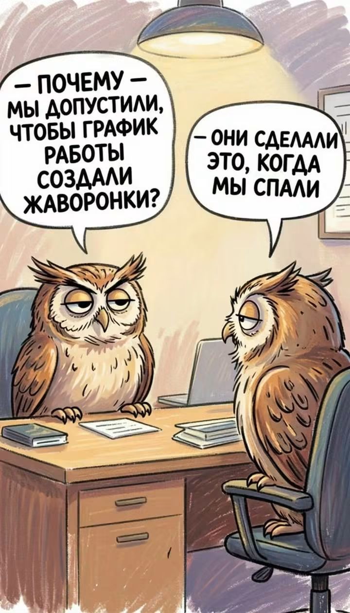 ПОЧЕМУ МЫ ДОПУСТИЛИ, ЧТОБЫ ГРАФИК РАБОТЫ СОЗДАЛИ ЖАВОРОНКИ? ОНИ СДЕЛАЛИ ЭТО, КОГДА МЫ СПАЛИ