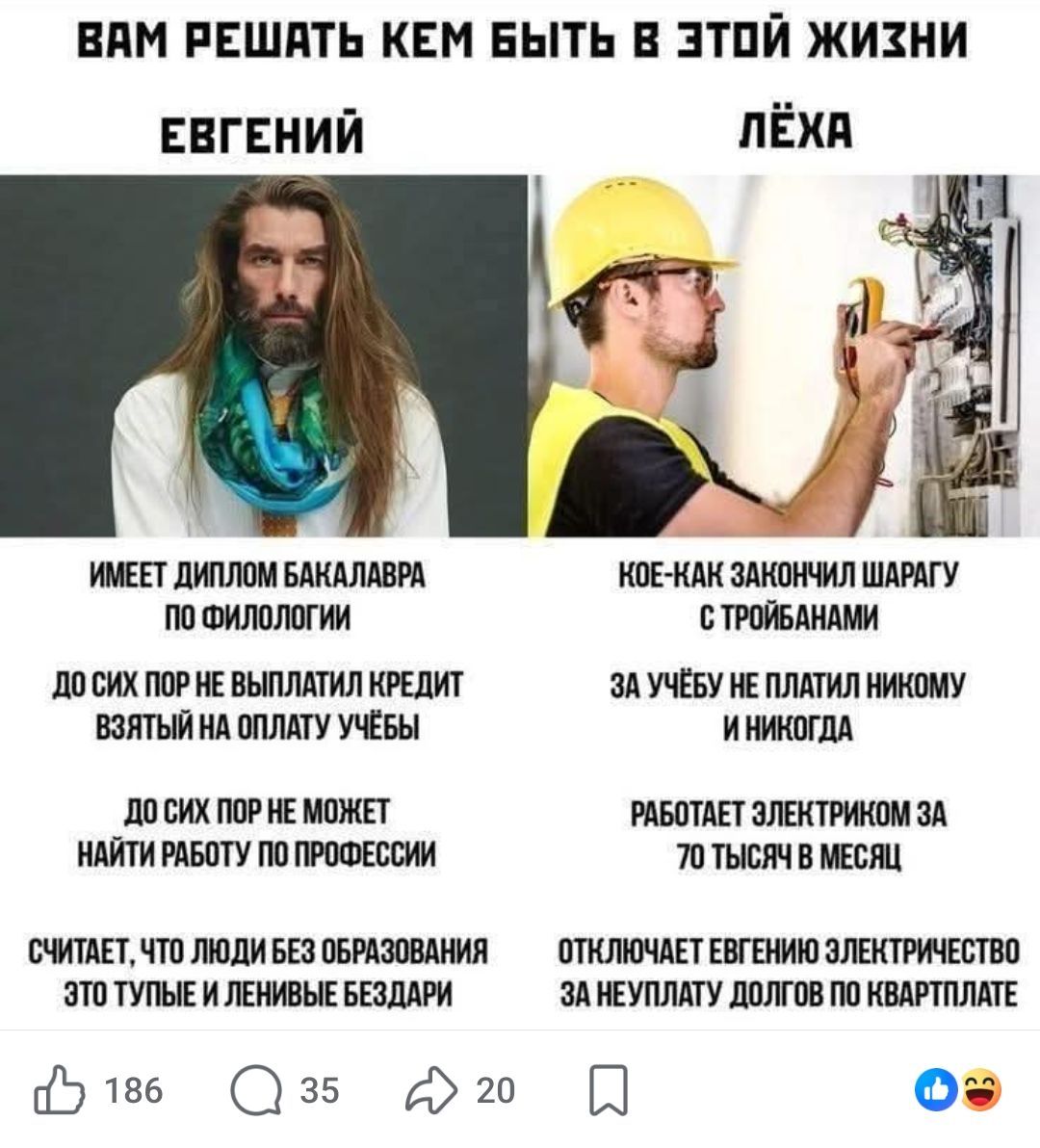 ВАМ РЕШАТЬ КЕМ БЫТЬ В ЭТОЙ ЖИЗНИ ЕВГЕНИЙ ИМЕЕТ ДИПЛОМ БАКАЛАВРА ПО ФИЛОЛОГИИ ДО СИХ ПОР НЕ ВЫПЛАТИЛ КРЕДИТ ВЗЯТЫЙ НА ОПЛАТУ УЧЁБЫ ДО СИХ ПОР НЕ МОЖЕТ НАЙТИ РАБОТУ ПО ПРОФЕССИИ СЧИТАЕТ, ЧТО ЛЮДИ БЕЗ ОБРАЗОВАНИЯ ЭТО ТУПЫЕ И ЛЕНИВЫЕ БЕЗДАРИ ЛЁХА КОЕ-КАК ЗАКОНЧИЛ ШАРАГУ С ТРОЙБАНАМИ ЗА УЧЁБУ НЕ ПЛАТИЛ НИКОМУ И НИКОГДА РАБОТАЕТ ЭЛЕКТРИКОМ ЗА 70 ТЫСЯЧ В