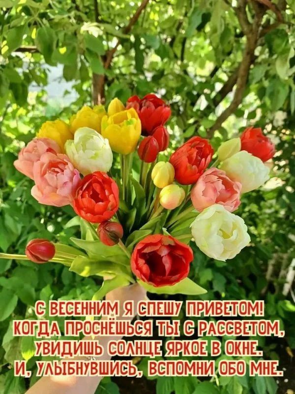 С ВЕСЕННИМ Я СПЕШУ ПРИВЕТОМ! КОГДА ПРОСНЁШЬСЯ ТЫ С РАССВЕТОМ, УВИДИШЬ СОЛНЦЕ ЯРКОЕ В ОКНЕ. И, УЛЫБНУВШИСЬ, ВСПОМНИ ОБО МНЕ.