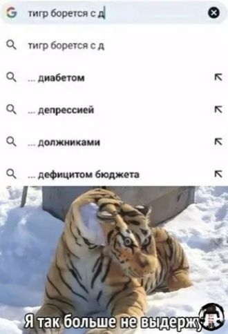 тигр борется с д
тигр борется с д
...диабетом
...депрессией
...должниками
...дефицитом бюджета
Я так больше не выдержу