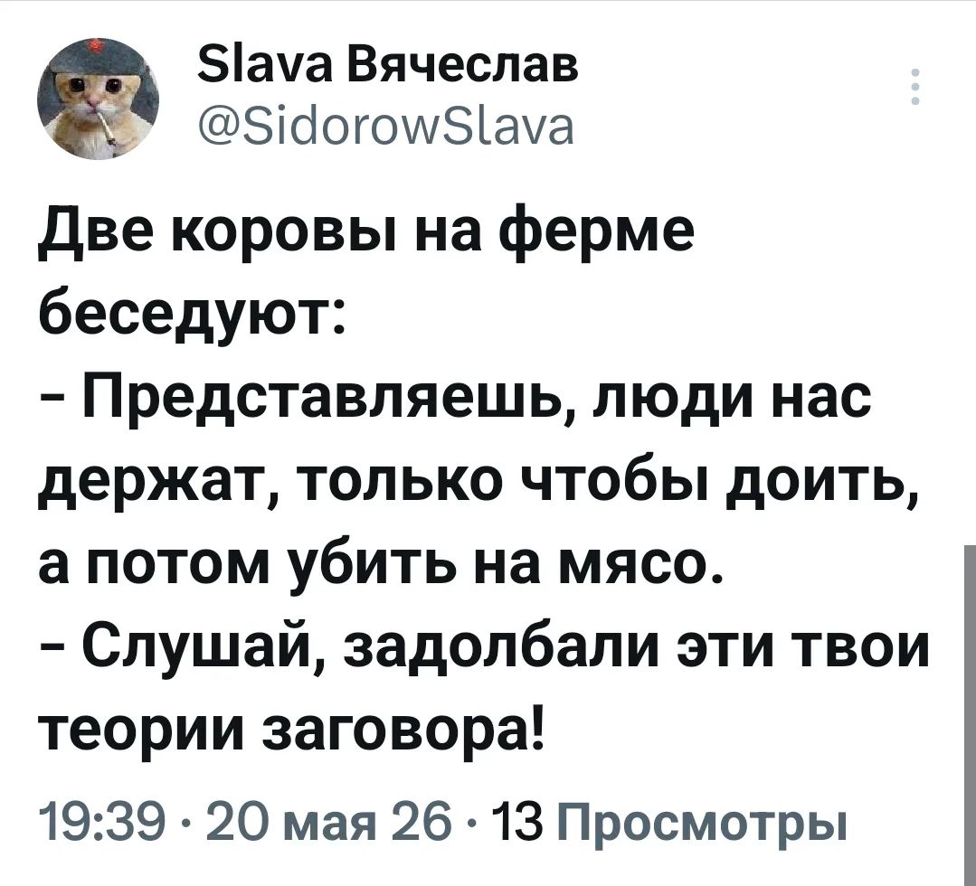 Две коровы на ферме беседуют: - Представляешь, люди нас держат, только чтобы доить, а потом убить на мясо. - Слушай, задолбали эти твои теории заговора!