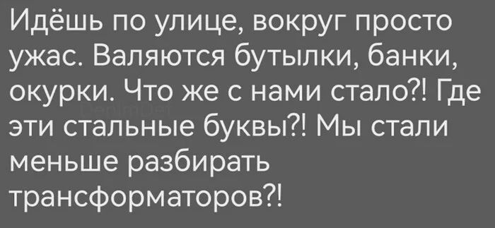 Идёшь по улице, вокруг просто ужас. Валяются бутылки, банки, окурки. Что же с нами стало?! Где эти стальные буквы?! Мы стали меньше разбирать трансформаторов?!