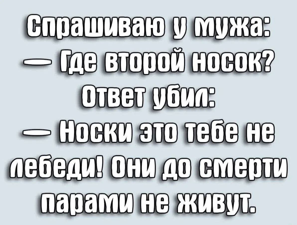 Спрашиваю у мужа: Где второй носок? Ответ убил: Носки это тебе не лебеди! Они до смерти парами не живут.