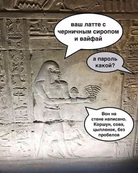 ваш латте с черничным сиропом и вайфай а пароль какой? Вон на стене написано. Коршун, сова, цыпленок, без пробелов