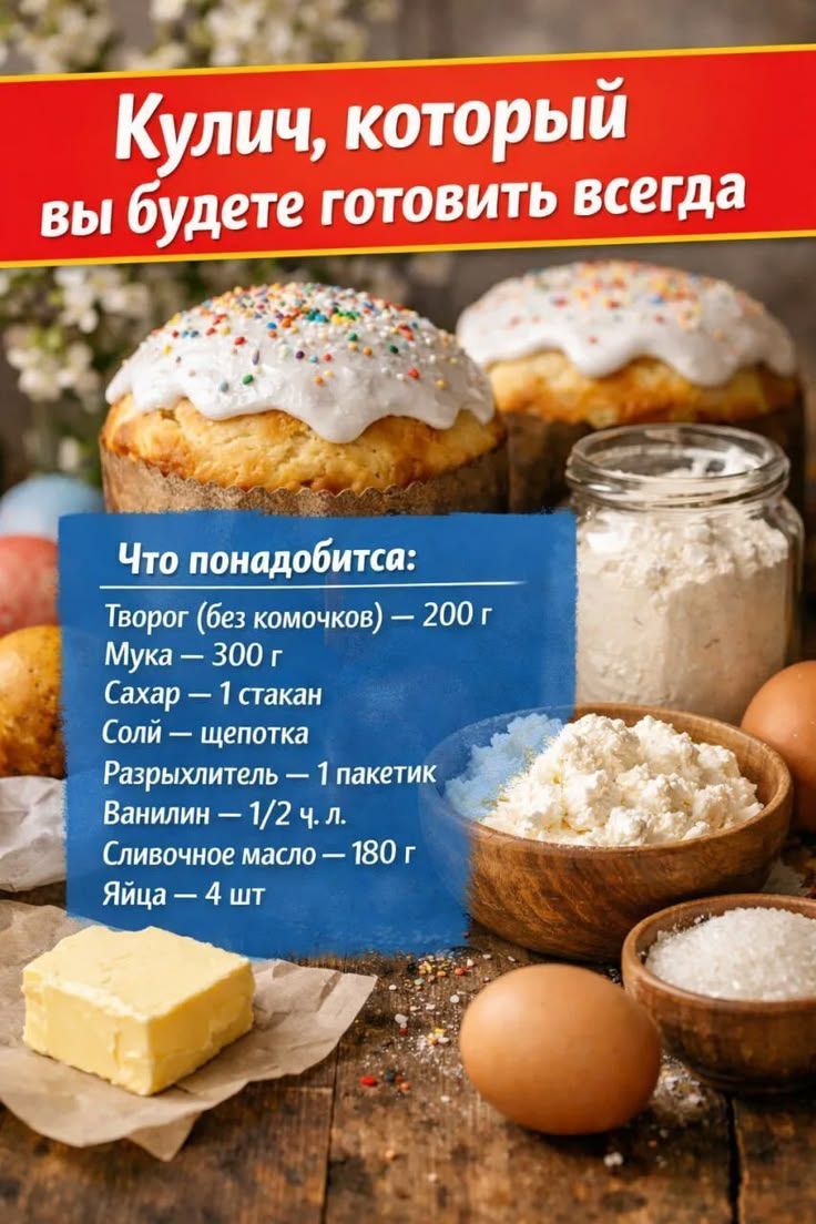 Кулич, который вы будете готовить всегда. Что понадобится: Творог (без комочков) – 200 г, Мука – 300 г, Сахар – 1 стакан, Соль – щепотка, Разрыхлитель – 1 пакетик, Ванилин – 1/2 ч. л., Сливочное масло – 180 г, Яйца – 4 шт.