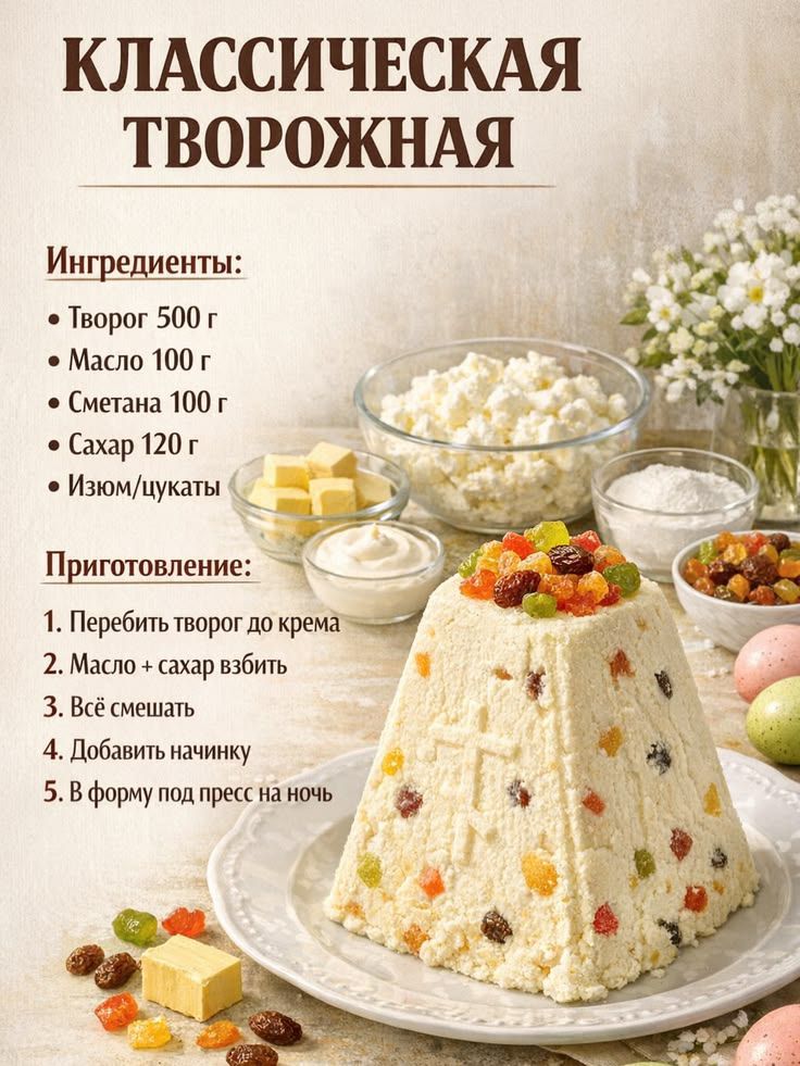 КЛАССИЧЕСКАЯ ТВОРОЖНАЯ Ингредиенты: Творог 500 г Масло 100 г Сметана 100 г Сахар 120 г Изюм/цукаты Приготовление: 1. Перебить творог до крема 2. Масло + сахар взбить 3. Всё смешать 4. Добавить начинку 5. В форму под пресс на ночь