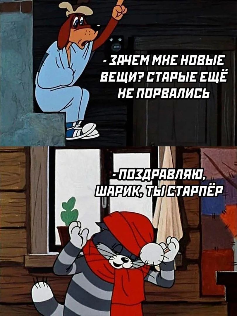 - Зачем мне новые вещи? Старые ещё не порвались. - Поздравляю, Шарик, ты старик