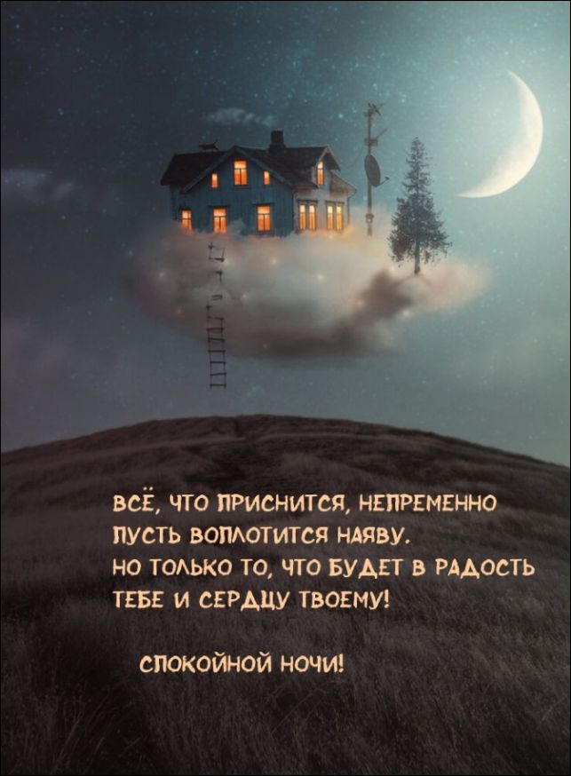 ВСЁ, ЧТО ПРИСНИТСЯ, НЕПРЕМЕННО ПУСТЬ ВОПЛОТИТСЯ НАЯВУ. НО ТОЛЬКО ТО, ЧТО БУДЕТ В РАДОСТЬ ТЕБЕ И СЕРДЦУ ТВОЕМУ! СПОКОЙНОЙ НОЧИ!