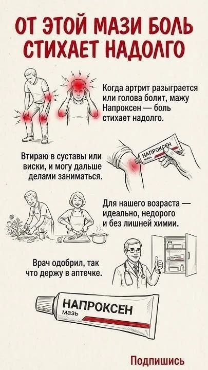 ОТ ЭТОЙ МАЗИ БОЛЬ СТИХАЕТ НАДОЛГО Когда артрит разыгрывается или голова болит, мажу Напроксен — боль стихает надолго. Втираю в суставы или виски, и могу дальше делами заниматься. Для нашего возраста — идеально, недорого и без лишней химии. Врач одобрил, так что держу в аптечке. НАПРОКСЕН мазь Подпишись