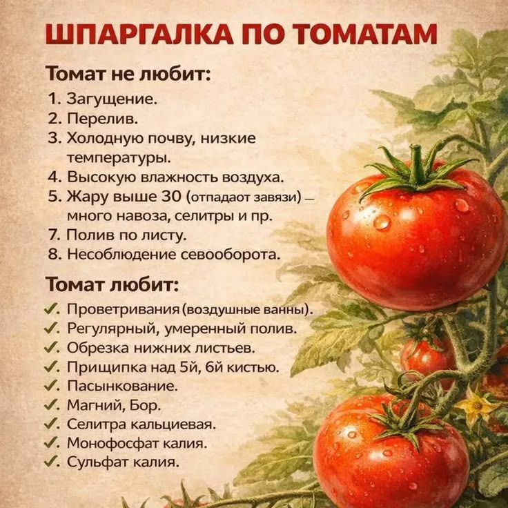 ШПАРГАЛКА ПО ТОМАТАМ
Томат не любит:
1. Загущение.
2. Перелив.
3. Холодную почву, низкие температуры.
4. Высокую влажность воздуха.
5. Жару выше 30 (отпадают завязи) – много навоза, селитры и пр.
7. Полив по листу.
8. Несоблюдение севооборота.
Томат любит:
✓. Проветривания (воздушные ванны).
✓. Регулярный, умеренный полив.
✓. Обрезка нижних