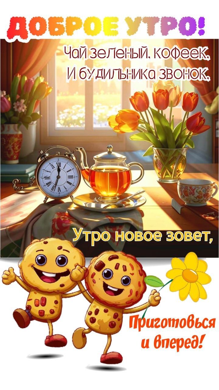 ДОБРОЕ УТРО! ЧАЙ ЗЕЛЕНЫЙ, КОФЕЕК, И БУДИЛЬНИКА ЗВОНОК, УТРО НОВОЕ ЗОВЕТ, ПРИГОТОВЬСЯ И ВПЕРЕД!