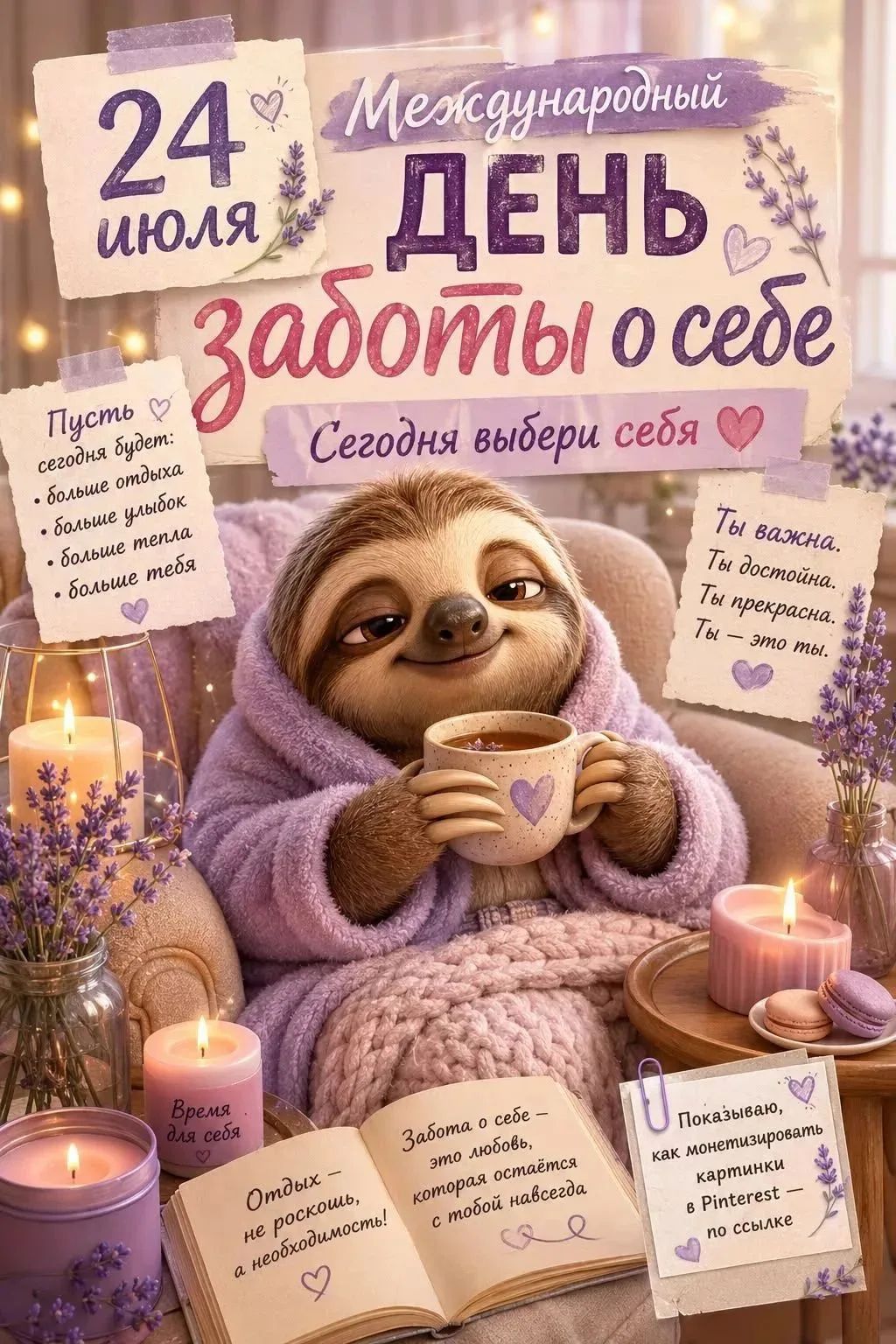24 июля Международный ДЕНЬ заботы о себе Сегодня выбери себя Пусть сегодня будет: • больше отдыха • больше улыбок • больше тепла • больше тебя Ты важна. Ты достойна. Ты прекрасна. Ты – это ты. Время для себя Отдых – не роскошь, а необходимость! Забота о себе – это любовь, которая остается с тобой навсегда Показываю, как монетизировать картинки в
